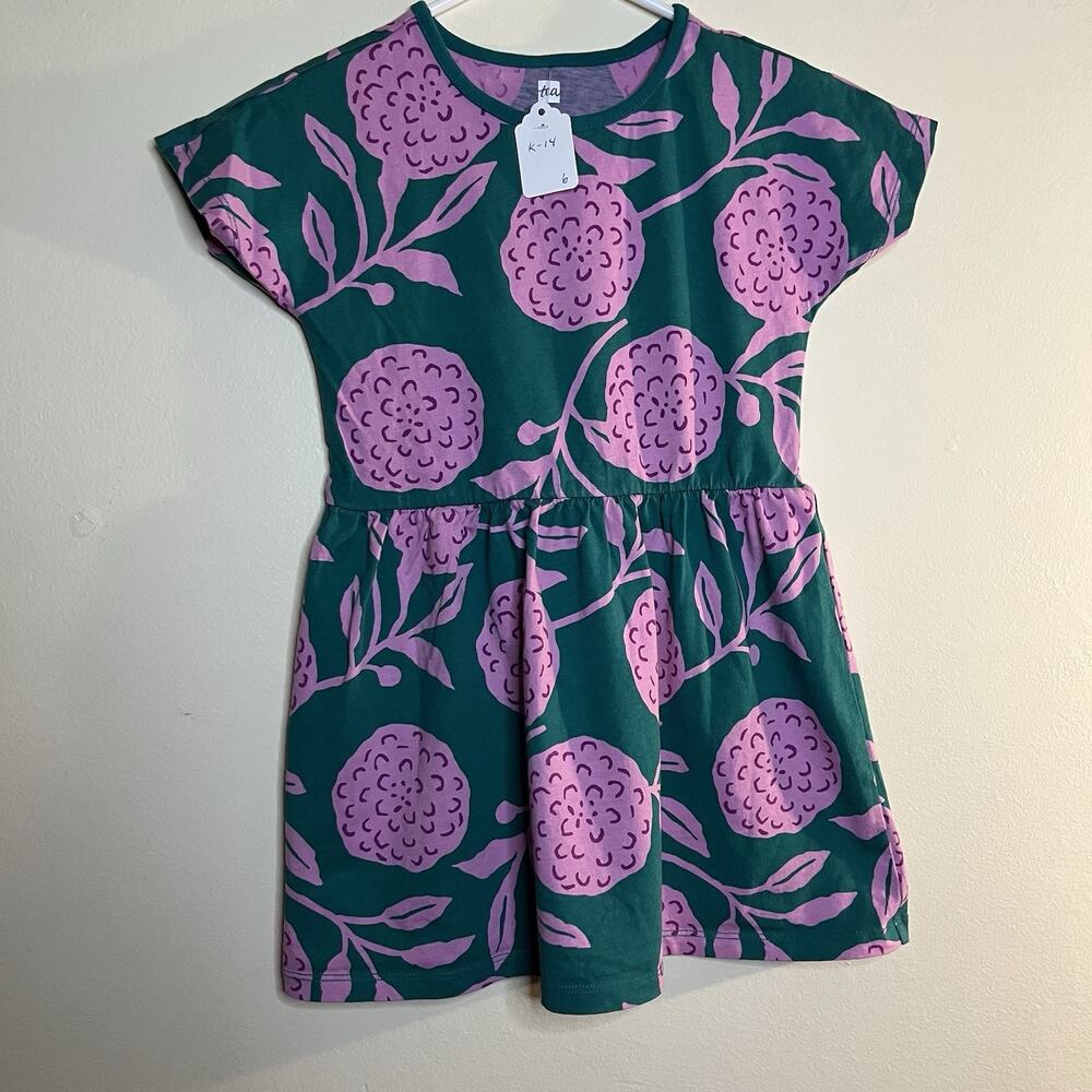 TEA Girls Dress Size 6 Pullover Green/Pink 100% Cotton